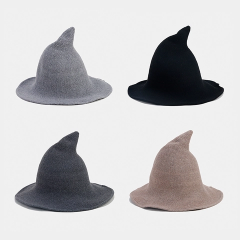 Strickhexe Zauberer Hut Spitz Breitkrempig Wollmischung Halloween Cosplay Faltbar Herbst Winter Warm Damen