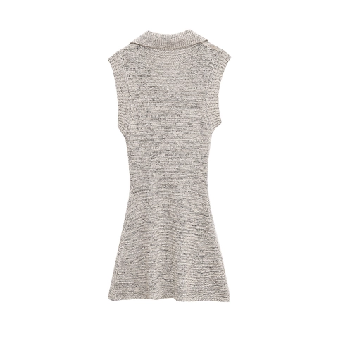 Women's Sleeveless Knit Mini Dress Elegant Lapel V-Neck Tie-Front Heather Gray Slim Fit Casual Short Dress For Summer Spring