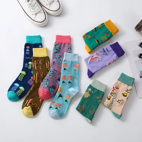 Trendy Cotton Mid-Calf Crew Socks Novelty Printed Tiger Sports Sea Animals Breathable Sweat Wicking Unisex Style