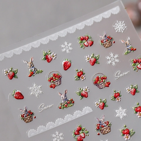 3D Embossed Nail Art Stickers Cartoon Rabbit Strawberry Snowflake Relief Self Adhesive Manicure Decals Winter Theme