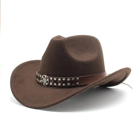 Chapeau De Cowboy Occidental Feutre De Laine Large Bord Ceinture En Cuir Rivets Métalliques Vintage Équitation Hommes Femmes