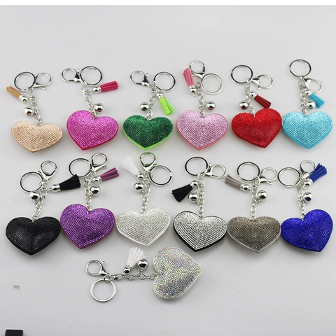Heart Keychain Rhinestone Shimmering Luxury Bag Charm With Leather Tassel Metal Alloy For Women Girls