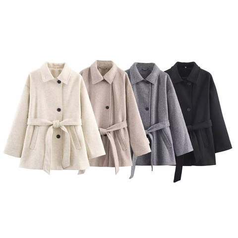 Manteau Femme Mi Long Style Laine Col À Revers Simple Boutonnage Avec Ceinture Élégant Décontracté
