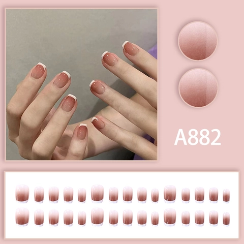 French Gradient Press On Nails Blush Pink Square Round Glossy Plastic Artificial Fingernails For Women DIY Manicure