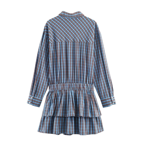 Geruite Overhemdjurk Lange Mouwen Poplin Met Riem Gelaagde Ruches Mini Jurk Retro Casual Stijl Voor Dames Blauw Bruin