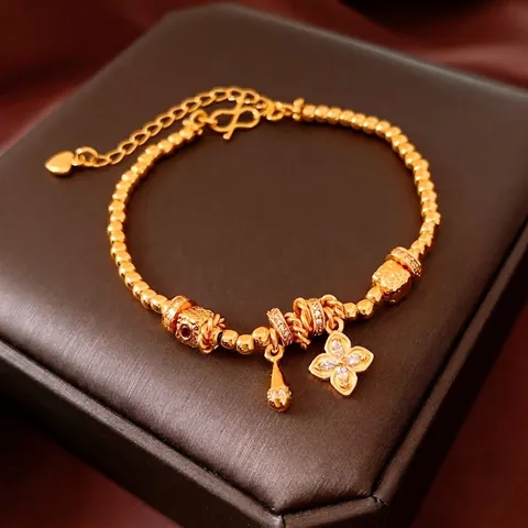 Bracciale A Perline In Rame Con Ciondolo A Fiore Placcato Oro Vero Regolabile Goccia D'acqua Gemma Rossa Gioielli Retrò