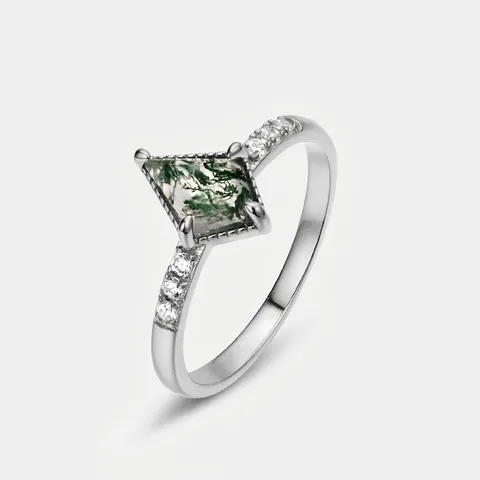 Vlieger Gesneden Mosagaat Ring 925 Sterling Zilver Geometrische Edelsteen Sieraden Voor Vrouwen Verguld Met CZ Accenten
