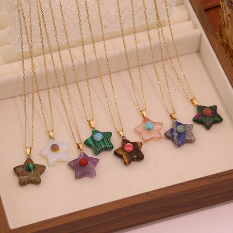 Star Pendant Necklace Stainless Steel Natural Stone Malachite Amethyst Tiger Eye Gold Plated Dainty Chain Jewelry For Women