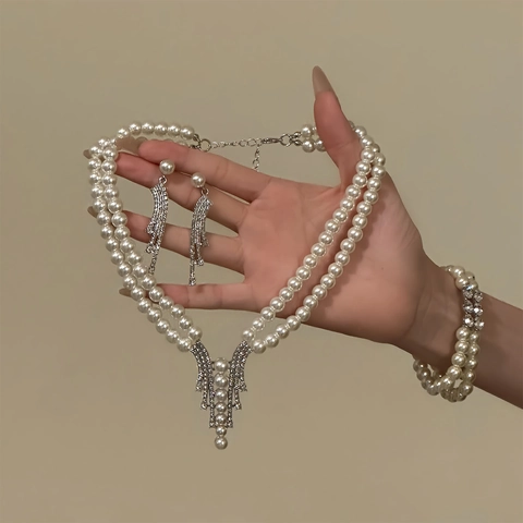 Double Layer Artificial Pearl Necklace Earrings Bracelet Rhinestone Flower Pendant Vintage Elegant Bridal Wedding Alloy Jewelry