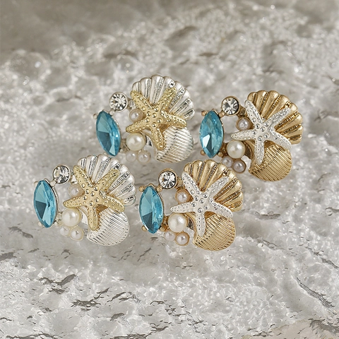 Starfish Seashell Stud Earrings With Faux Artificial Pearl Blue Glass Gemstone Rhinestone Stainless Steel Post Alloy For Women
