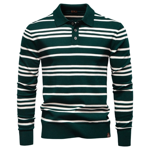 Herren Gestreiftes Strick Polo Shirt Langarm Viskose Polyester Mischung Revers Knopf Casual Slim Fit Strickwaren