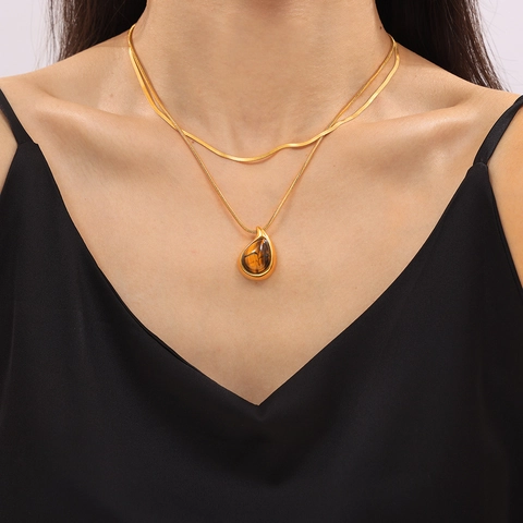 18K Gold Plated Titanium Steel Teardrop Tiger Eye Pendant Necklace For Women Elegant Snake Chain Choker Luxury Jewelry