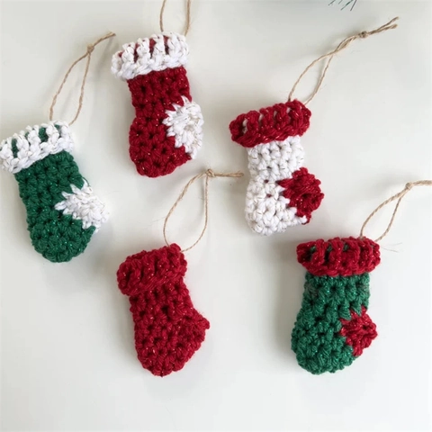 Adornos Colgantes De Navidad De Ganchillo Hechos A Mano De Lana Punto Decoración Árbol Mini Calcetín Reno Galleta Estrella