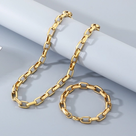 Stainless Steel Rectangular Geometric Chain Necklace And Bracelet Minimalist Fashion Jewelry For Men And Women