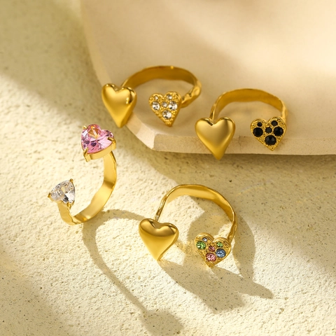 Heart Open Ring Stainless Steel Colorful Zircon Adjustable Fashion Jewelry For Women Elegant