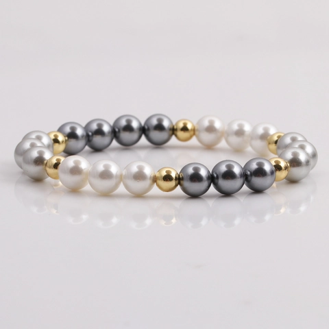 Elegante Pulsera De Cuentas Con Perlas Artificiales De Concha Multicolor Y Cuentas De Cobre Para Mujer Joyería Elástica