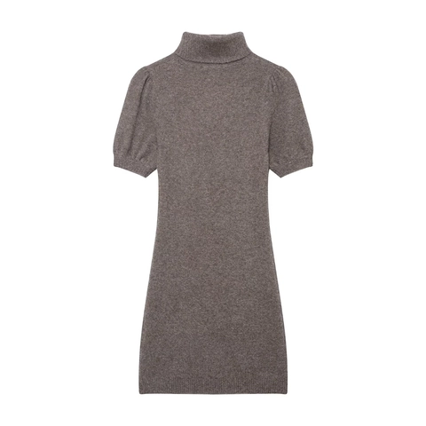 Women High Neck Knitted Mini Dress Short Puff Sleeve Bodycon Solid Color Chic Elastic Polyester Elegant Slim Fit