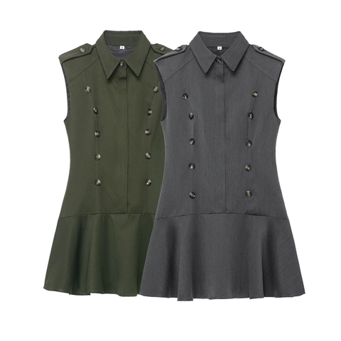 Women Sleeveless Double Breasted Mini Dress Lapel Epaulettes Ruffle Hem Polyester Elegant Military Style Vest Dress
