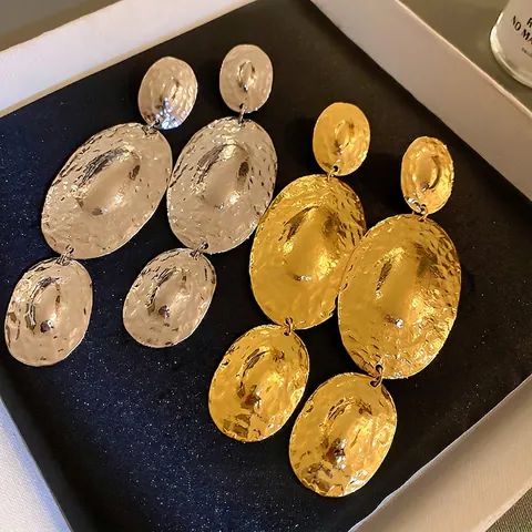Boucles D'oreilles Avec Tige Argent Sterling 925 Alliage Martelé Trois Niveaux Ovale Rétro Bijoux Exagérés