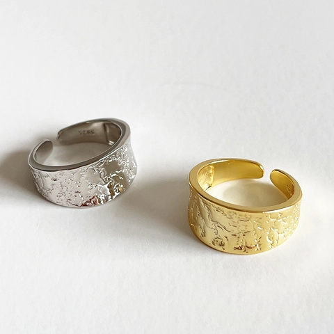 925 Sterling Silber Ring Verstellbares Offenes Design Unregelmäßige Hammerschlag Lava Textur Minimalistischer Schicker Breiter Ring