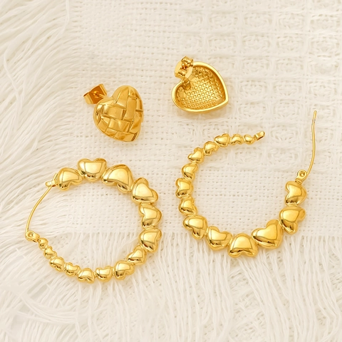 Orecchini A Cuore Da Donna Placcati In Oro 18K Acciaio Inossidabile 304 Impermeabile Ipoallergenico Trama Intrecciata Gioielli