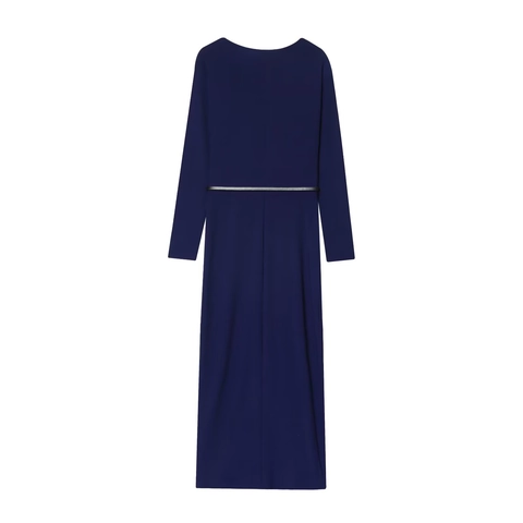 Elegantes Marineblaues Maxikleid Polyester Plissee Langarm Mit Gürtel Asymmetrischer Rundhals Schmale Passform Abendparty