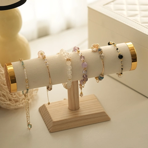 T-Bar Jewelry Display Stand Wood Base PU Leather Velvet Bangle Watch Holder Organizer Countertop Prop Elegant