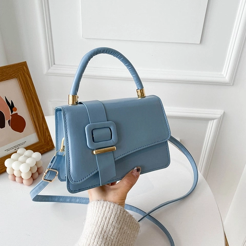 Women PU Leather Small Square Shoulder Bag Magnetic Snap Top Handle Crossbody Purse With Large Decorative Buckle Elegant