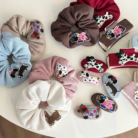 Accesorios Para El Cabello De Punto Bordado De Perro Panda Dibujos Animados Scrunchie Pinzas Para El Pelo Diadema Estilo Dulce Para Mujeres Niñas