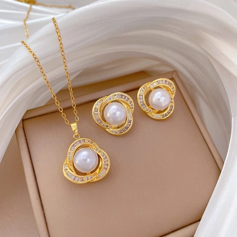Elegant Artificial Pearl Jewelry Necklace And Earrings Stainless Steel Copper Hollow Spiral Nest Zircon Luxury Glamour Women Accessory