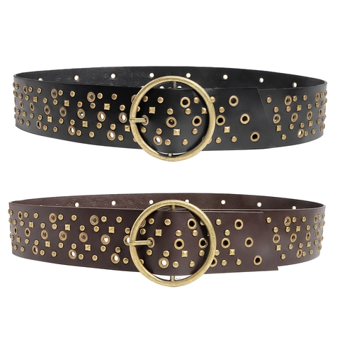 Cintura Larga in Pelle PU con Borchie Stile Retro Wasteland Donna Fibbia Rotonda Grande Punk Western Hippie Accessorio Moda