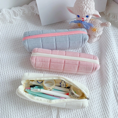 Plush Velvet Pencil Case Large Capacity Grid Quilted School Stationery Organizer Bag For Students Kawaii Zippered Pouch