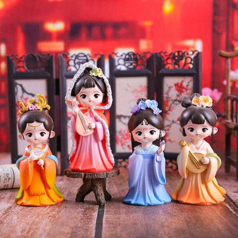 Chinese Ancient Lady Figurine Resin Desktop Ornament Cute Hanfu Girl Miniature Home Decor Traditional Style Gift