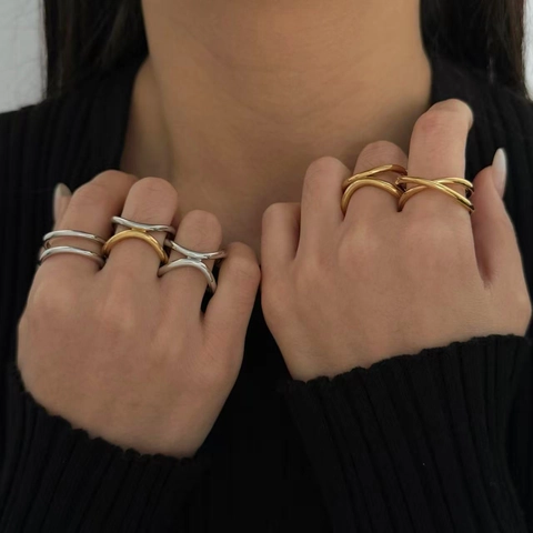 Geometric Cross Line Ring 304 Stainless Steel Minimalist Double Layer Hollow Fashion Jewelry For Men And Women