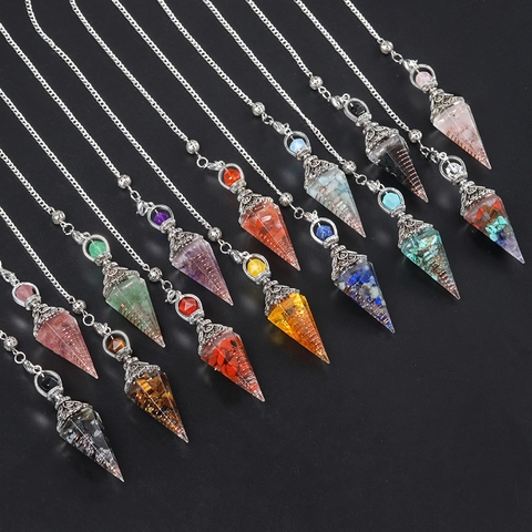 Dowsing Pendulum Necklace Resin Crystal Stone Chips Copper Wire Hexagonal Cone Pendant Antique Silver Healing Jewelry Women