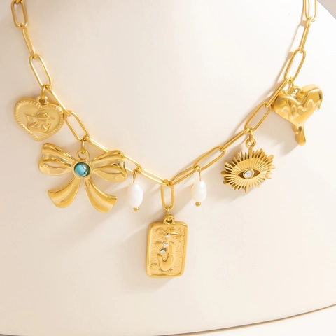 Retro Stainless Steel Tarot Sun Pendant Necklace For Women 18K Gold Plated Chain Necklace With Artificial Pearl Heart Evil Eye