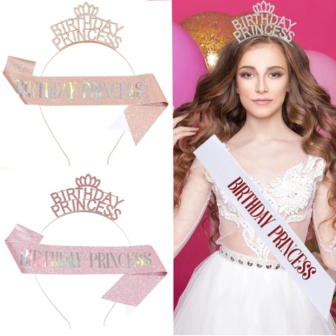 Set Tiara Corona di Strass Birthday Princess e Fascia Glitter per Donna Ragazze Decorazioni per Feste di Compleanno Oro Rosa Argento