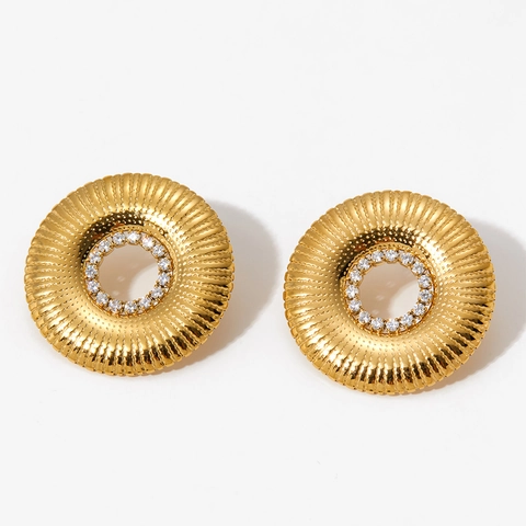 Pendientes Redondos Huecos De Acero Inoxidable Con Circón Resistente Al Agua Diseño Sol Estilo Vintage Para Mujer
