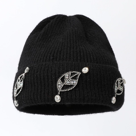 Women Winter Knitted Beanie Hat Warm Thickened Plush Thermal With Rhinestone Leaf Decor Elegant Fashionable