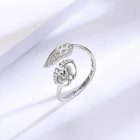 Mommy Of An Angel Wing Baby Footprints Ring Copper Zirconia Memorial Jewelry Gift For Women