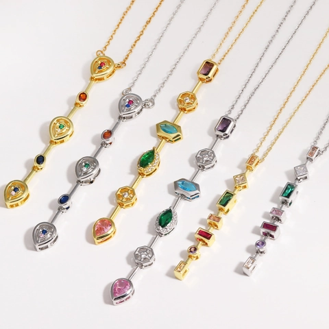 Elegante Collar Con Colgante De Piedras Preciosas Geométricas De Colores Para Mujer Aleación Cadena Larga Circón Corazón Gota Cuadrado
