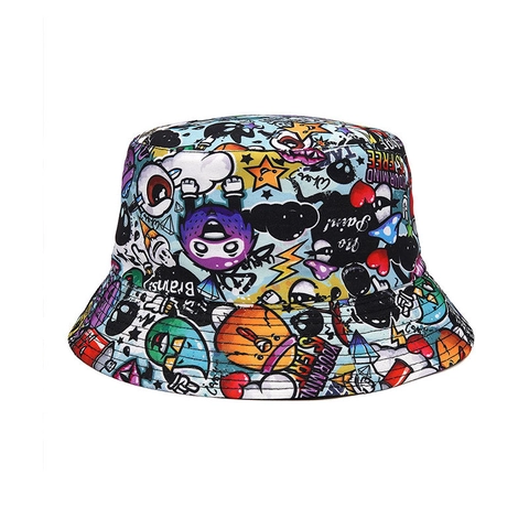 Graffiti Bucket Hat Acrylic Double Sided Full Print Cartoon Streetwear Hip Hop Sun Protection Outdoor For Women Men
