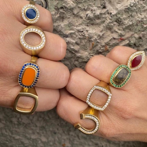 Ins Style 18K Gold Plated Stainless Steel Hollow Square Ring With Rhinestone Simple Geometric Finger Ring For Women Jewelry