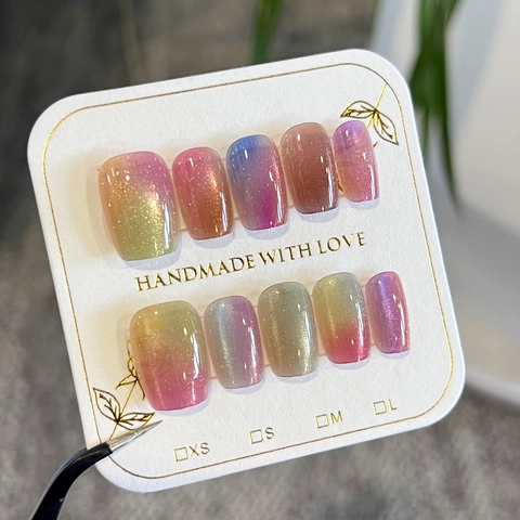 Press On Nails Rainbow Gradient Cat Eye Handmade Shimmer Dopamine Style Square Round False Nails For Women