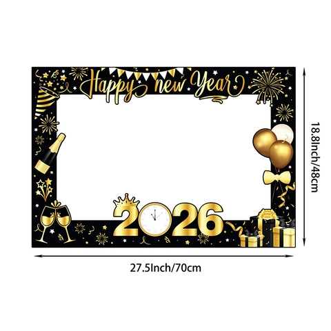 Happy New Year Foto Requisite Rahmen 2026 Schwarz Gold Papier Party Deko Requisiten Selfie Zubehör