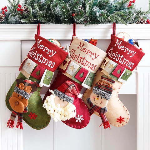 Christmas Stockings Large 3D Santa Snowman Reindeer Character Felt Linen Gift Bags For Home Mantle Fireplace Decor