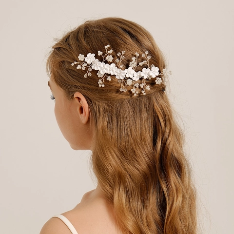 Pettine per Capelli Sposa Fiori in Argilla Polimerica Bianca Con Künstliche Perle d'Imitazione Cristallo Filo d'Argento Matrimonio Donna