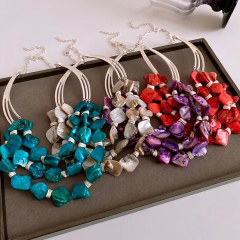 Bohemian Statement Necklace Multi Layer Geometric Irregular Shell Alloy Wire Wrapped Retro Vintage Vacation Jewelry For Women