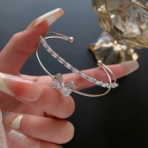 Zircon Heart Butterfly Bowknot Double Layer Open Cuff Bangle Copper Jewelry Luxury Minimalist Bracelet For Women