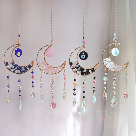 Moon Crystal Suncatcher Hanging Ornament With Natural Stones Evil Eye Prisms Window Decor Rainbow Maker Boho